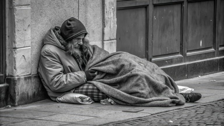 homeless man sits sidewalk wrapped blanket urban area generative ai